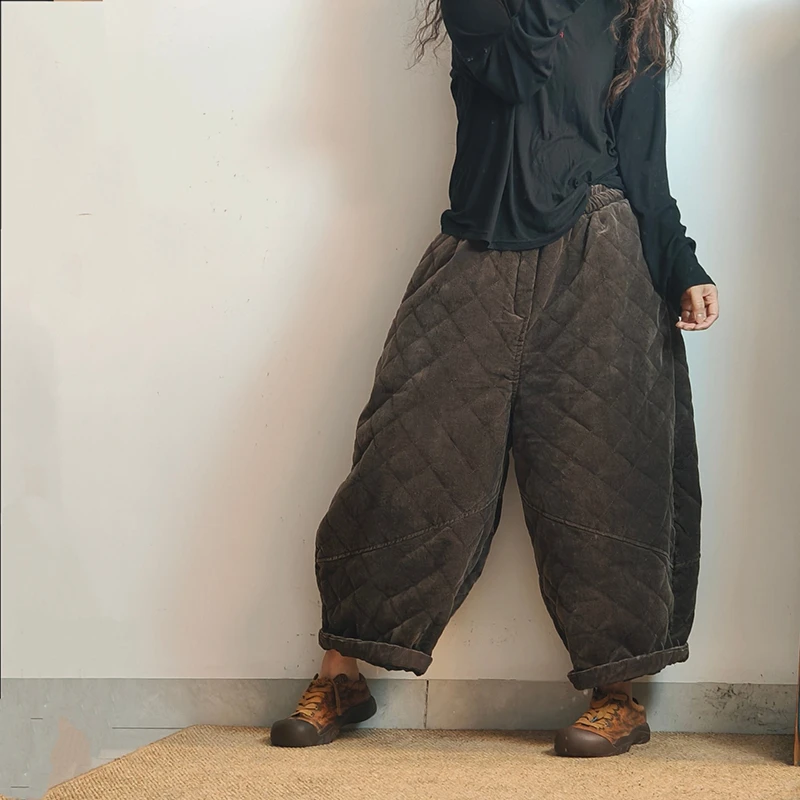 Estilo de artes 2025 nova chegada inverno feminino quente engrossado tornozelo-comprimento calças casuais solto cintura elástica vintage harem calças y104