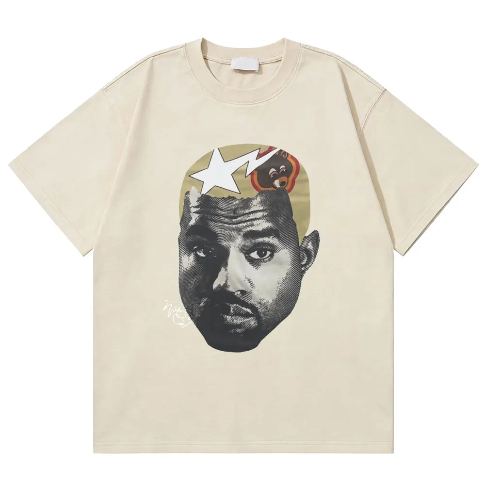 

Washed Vintage Rapper Kanye West Face Graphic T Shirt The College Dropout Retro Print T Shirts Men Women Hip Hop Oversized Tees