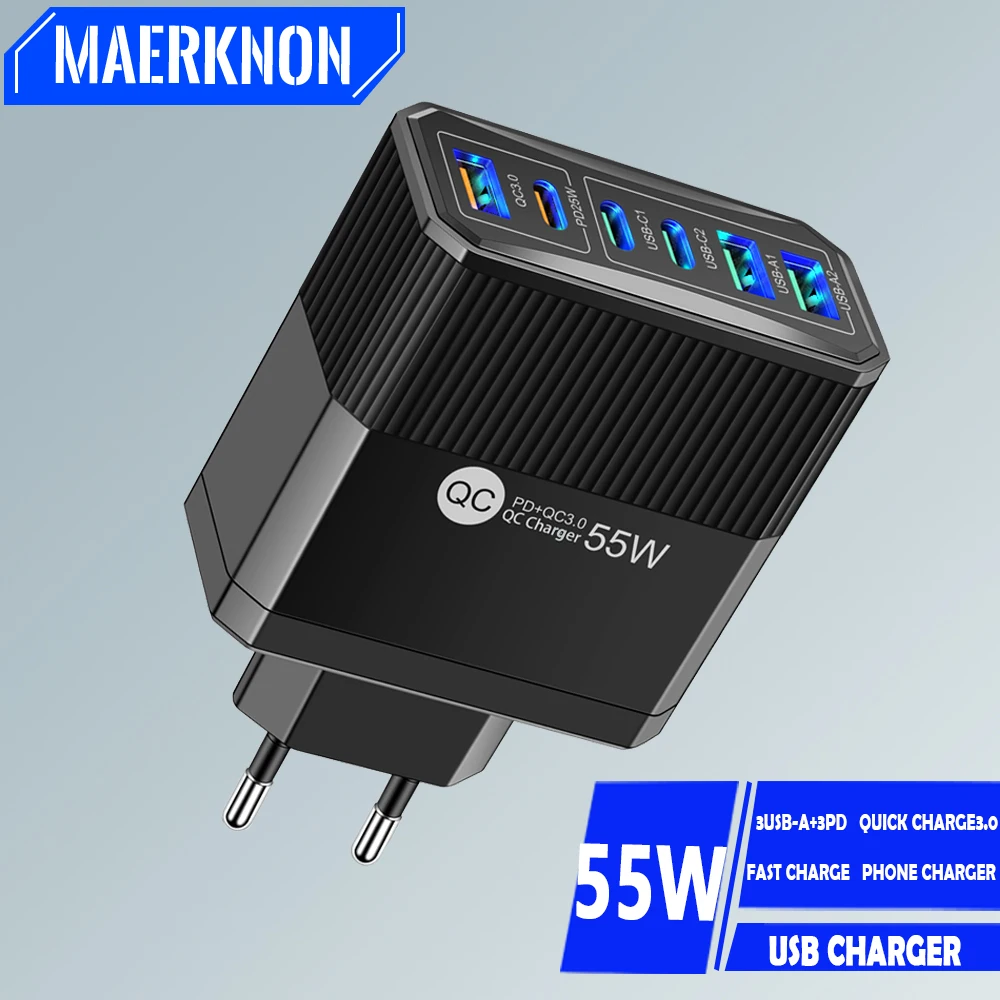 

6 Ports USB PD Charger 55W Fast Charging Type C Mobile Phone Adapters For iPhone 15 Samsung Xiaomi Quick Charge 3.0 Wall Charger