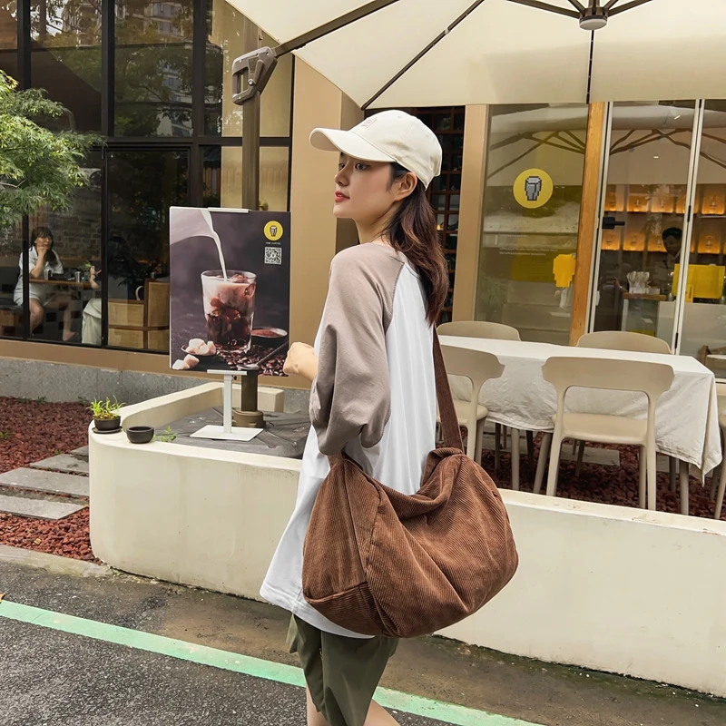 Large Corduroy Women's Bag Solid Eco Bag Korean Shopping Messenger Bag Y2K Shoulder Cross Bag Student Handbags Travel Satchel