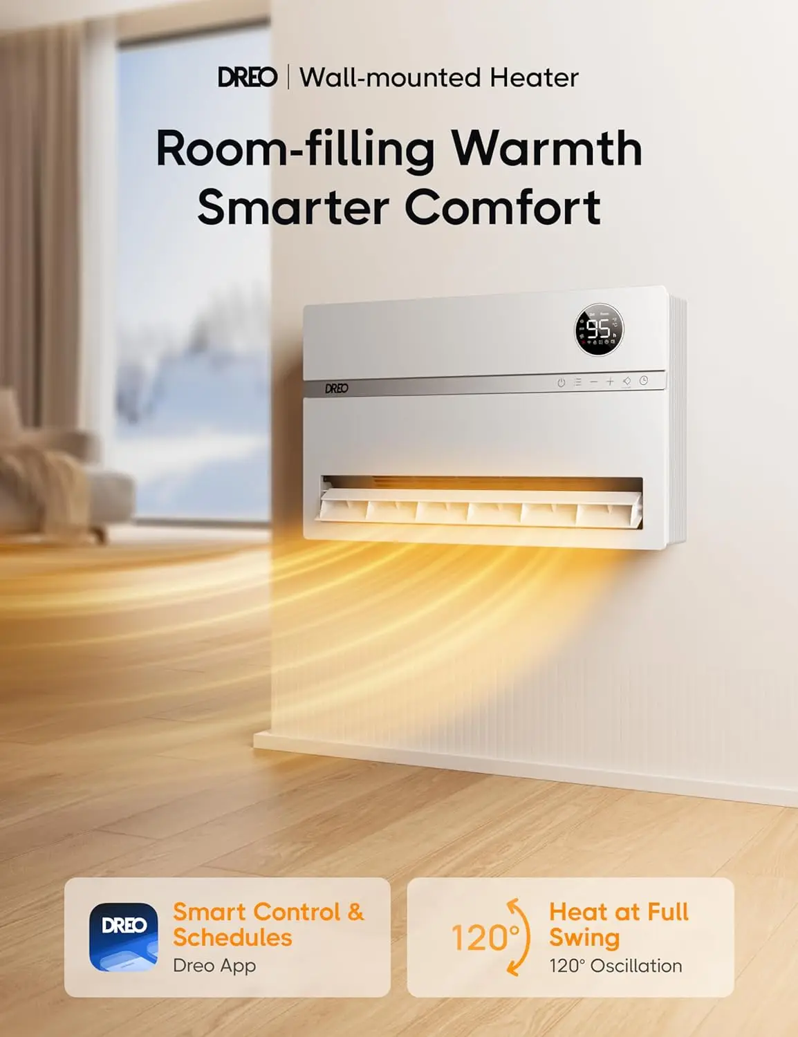 Christmas.Dreo Smart Wall Heater, Electric Space Heater for Bedroom 1500W, 120° Vertical Oscillation, Adjustable Thermostat,Remo