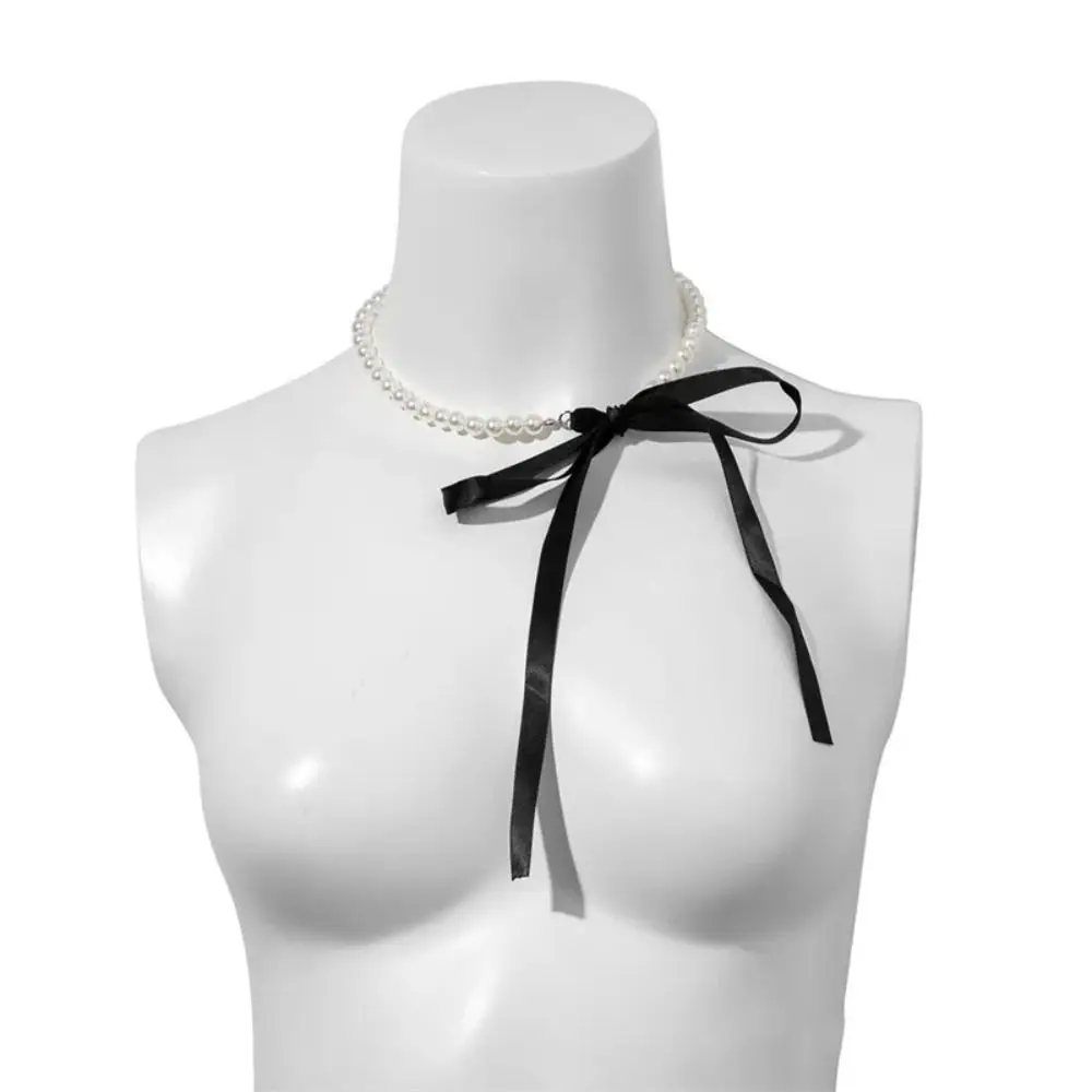 Bow Knot Pearl Ribbon Neckchain Minimalist Ribbon Pearl Tie Up Bow Necklace Bracelet Bow Necklace Woman