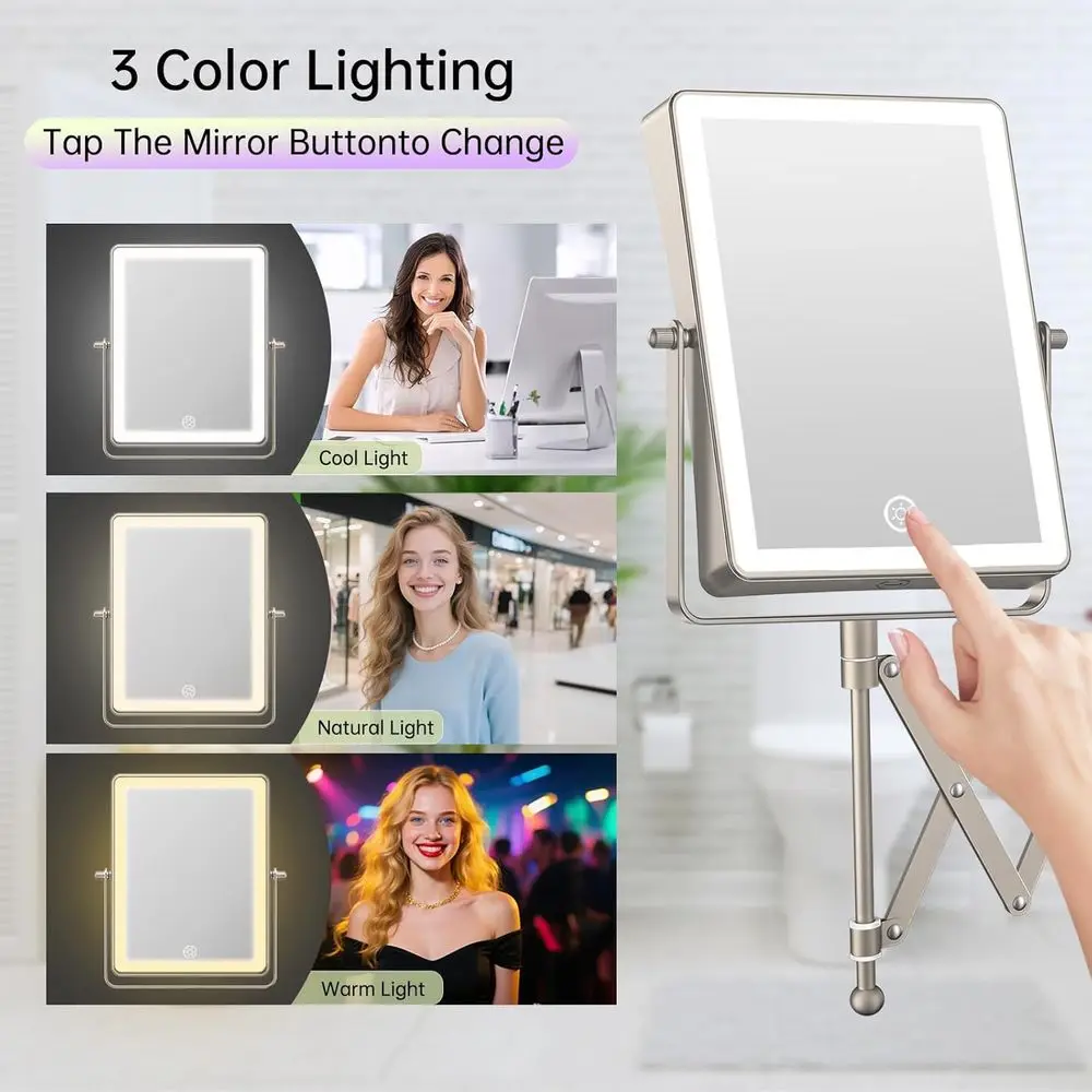 مرآة مكياج LED مزدوجة الجوانب 8.7، تعمل باللمس، تكبير 1X/30X، 3 أضواء ملونة، ذراع قابل للتعديل، 360 درجة ° دوران، النيكل #4