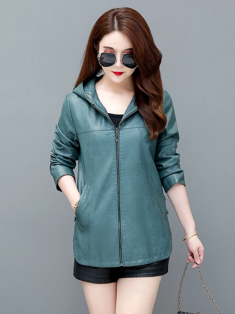 Giacca in vera pelle da donna, modello regular con cappuccio, in pelle di pecora Haifeng, cappotto primaverile autunnale, vestibilità ampia, versione coreana