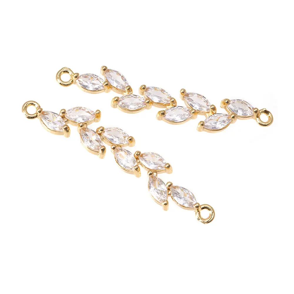 High Quality 18K Gold Color Brass Zircon 2 Holes Tree Leaf Leaves Connect Charms Pendants Jewelry Making Diy Accessories