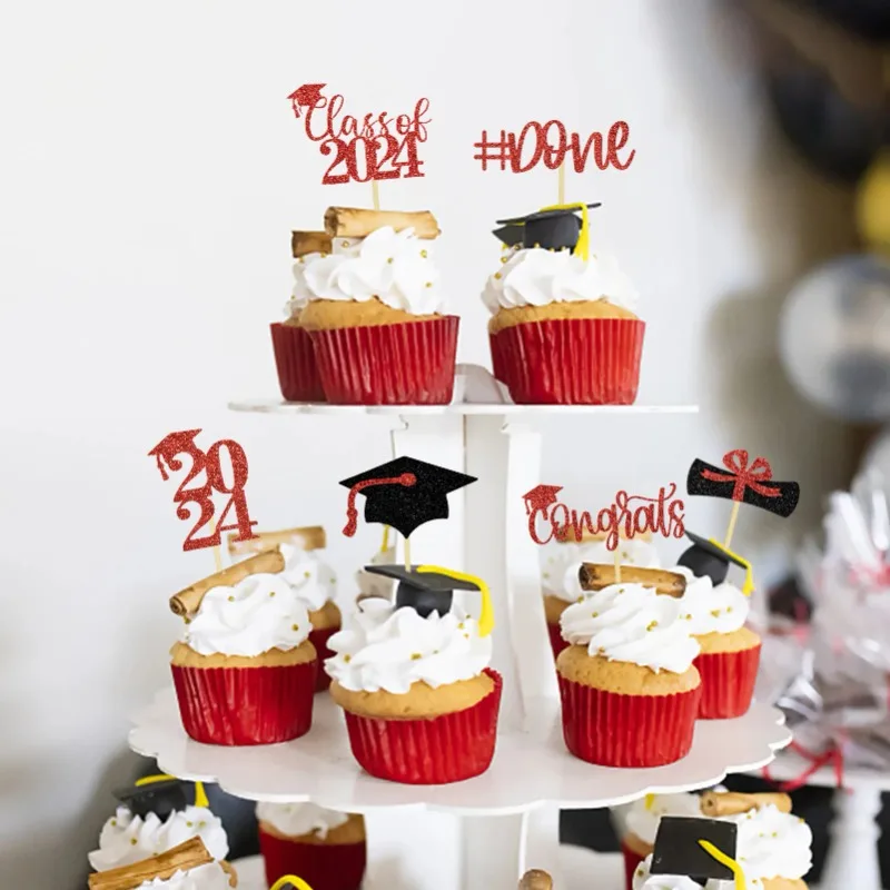 Accesorios para pastel de celebración de la temporada de graduación, 12 piezas, tapa de inserción, decoración para cupcakes, adornos para fiestas, 2024 tarjetas, púas de papel