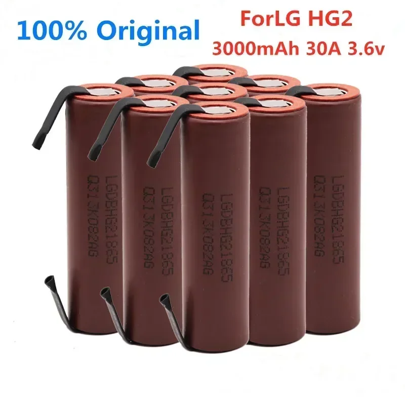 10PCS ForLG HG2 3000mAh battery 3.6v 18650 battery with strips soldered battery for screwdrivers 30A high current+DIY nickel