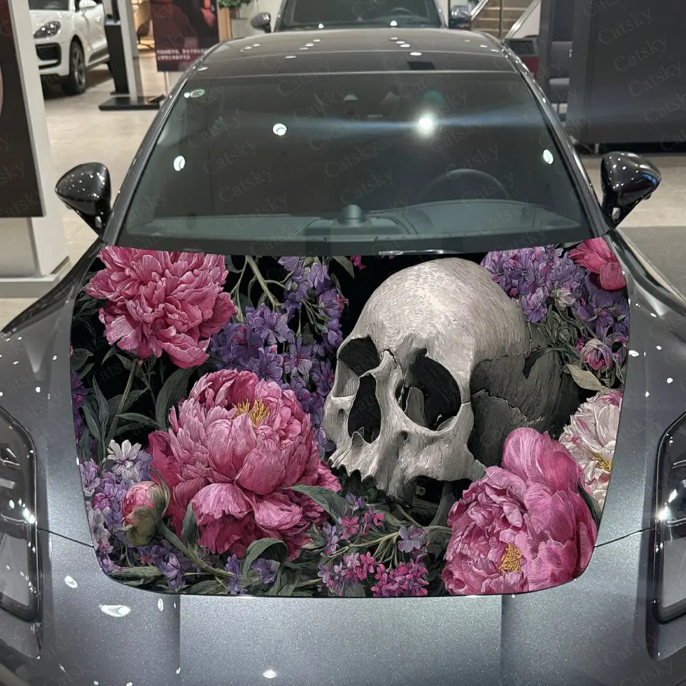 

Romantic Floral Skull Car Hood Stickers - Self-Adhesive, Waterproof and Durable Vinyl Wrap, Decorate And Protect Your Car - The