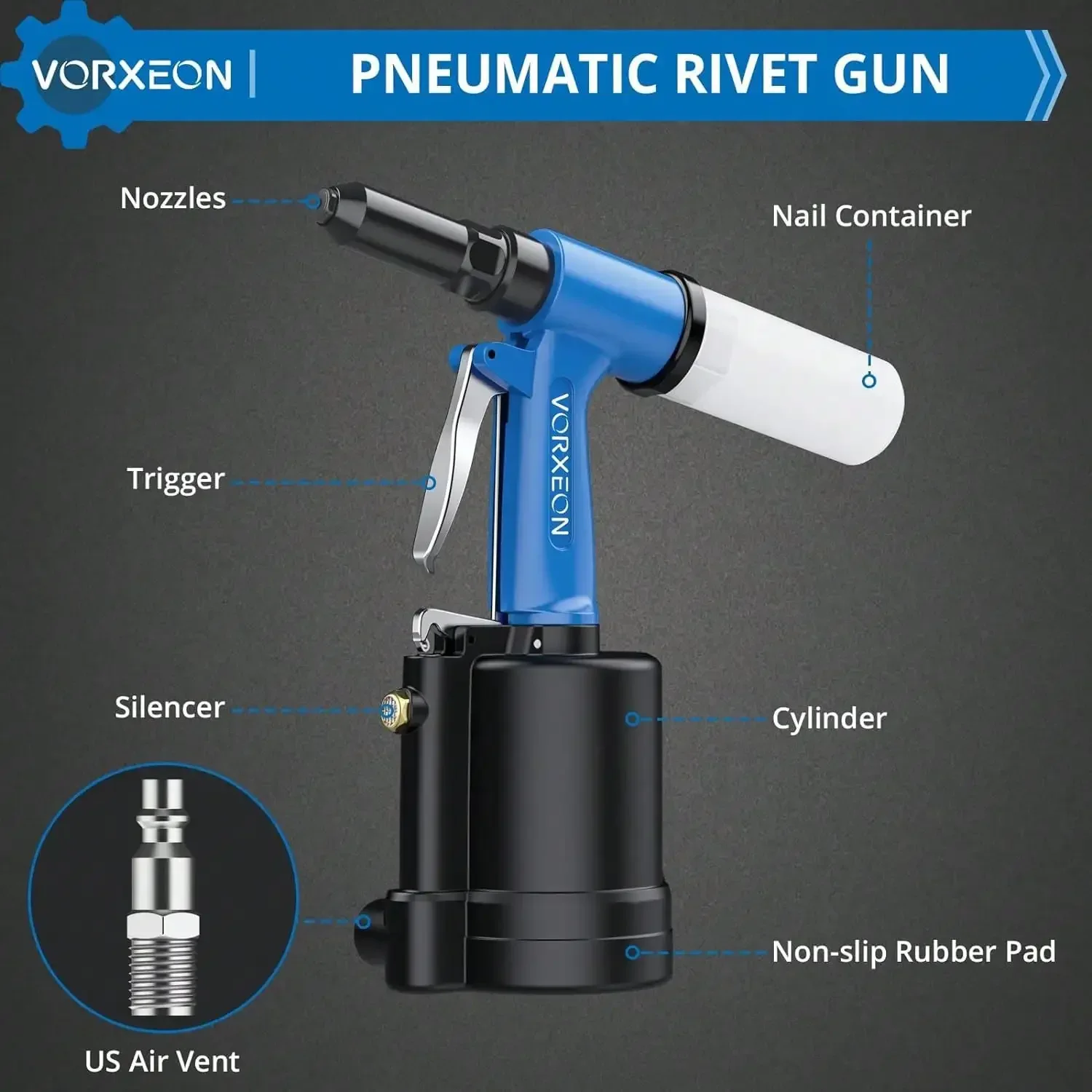 Pneumatic Rivet Gun With 5 Interchangeable Heads Pulling Pressure1780KGF Air Givet Gun For Home,Decoration,Industry,Auto Repair