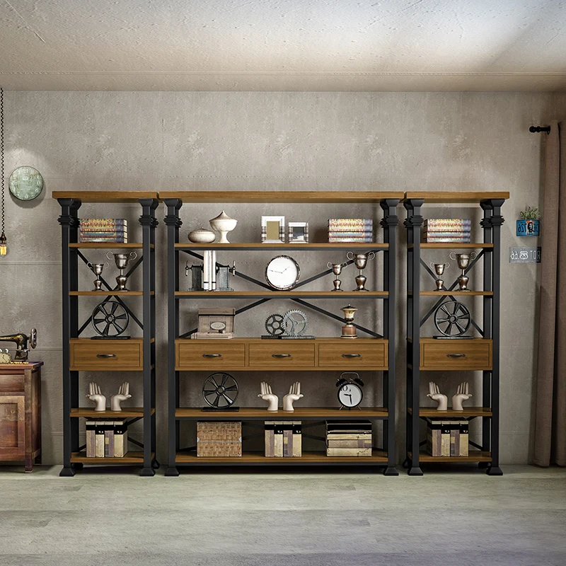 Residential shelves with drawers for storage Creative retro display shelves Floor-to-ceiling display shelves America