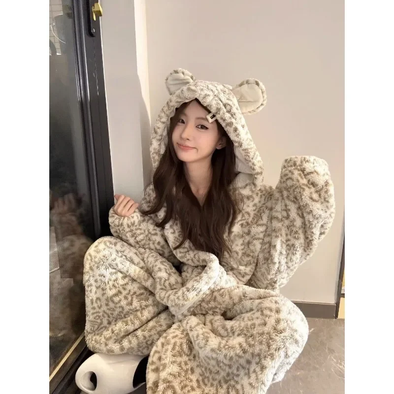 Coral Fleece Thickening Type Cute Pupil Dormitory Can Be Worn Outside Jumpsuit Loungewear Korean Wintertime Pajamas Female