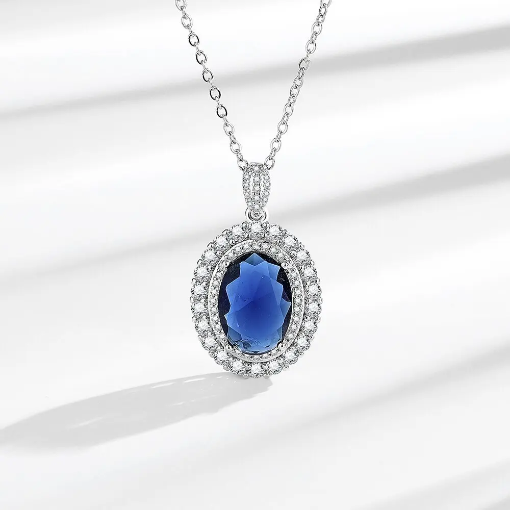 Elegant 925 Sterling Silver Blue Halo Jewelry Set, Vintage Style Pendant Necklace & Earrings, Stackable Ring for Women