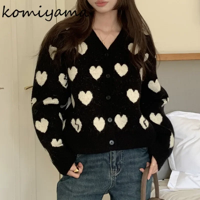 Love Heart Print 2024 Woman Cardigan V-neck Single Breasted Outerwears Long Sleeve Ropa Mujer Knitted Cardigans Sweet Sweater