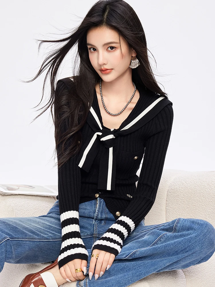 Navy Collar Knitted Cardigan Age Reduction Tops Women Clothing Autumn New Korean Fashion Long Sleeve Sweater