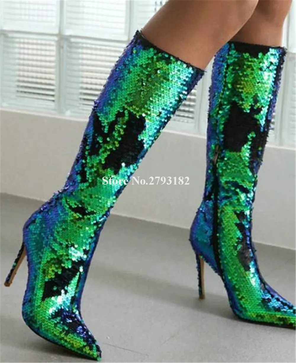 Shining Blue Silver Black Glitters Stiletto Heel Knee High Boots Pointed Toe Sequins Thin Heel Long Boots