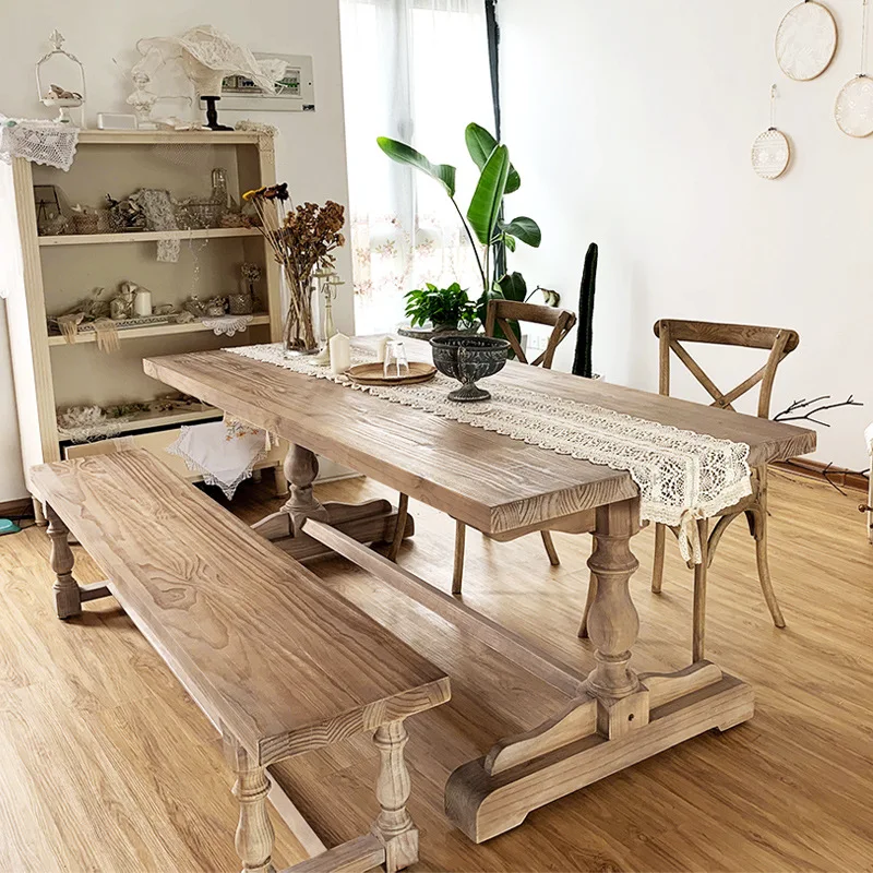 Mesa de comedor de madera maciza de estilo americano, mesa familiar pequeña, combinación de comedor, mesa de comedor Rectangular antigua