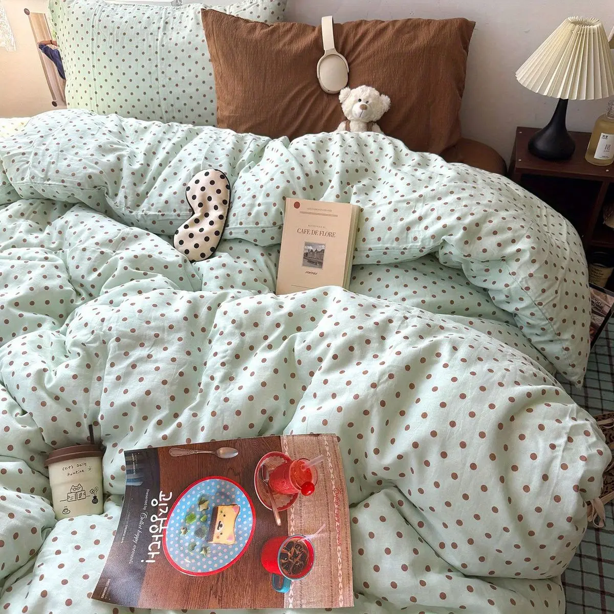 Green Dot Bedding Set Ins Style Korean Single Double Size Pillowcase Bed Sheet Duvet Cover No Filler Boy Girl Home Bed Decor
