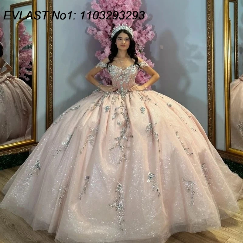 

EVLAST индивидуальное блестящее розовое бальное платье Quinceanera платье с блестками и аппликацией из бисера корсет Sweet 16, Vestidos De 15 Anos E1QN179