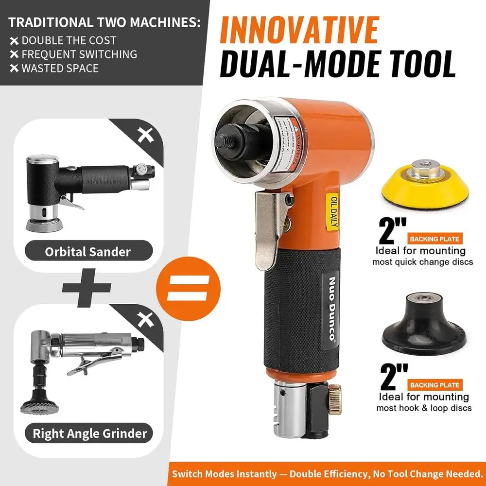 2 Inch Pneumatic Mini Orbital Sander Kit 2-in-1 Air Right Angle Grinder Polisher Kit Surface Prep Tool with 40 Pcs Quick Change