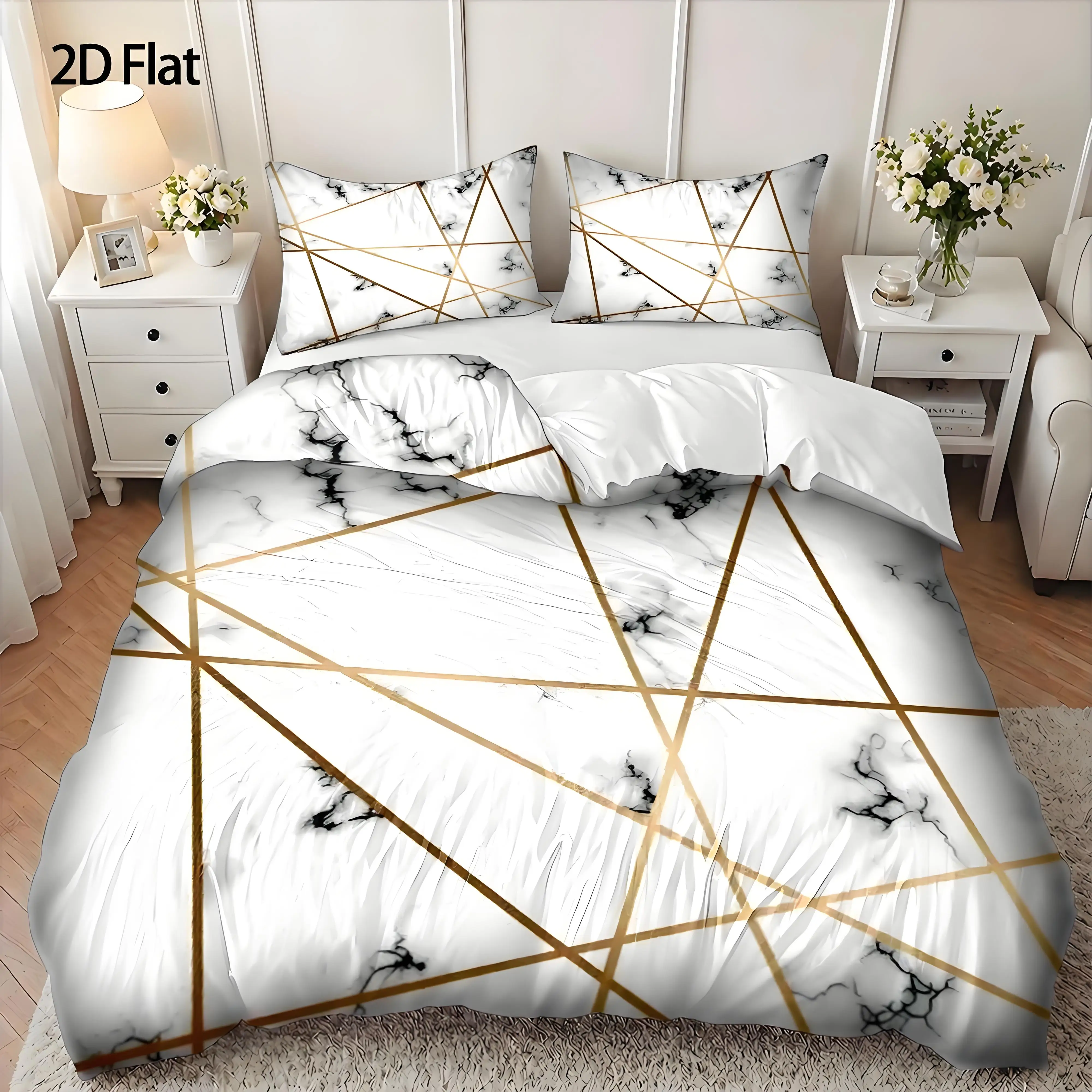 Master Bedroom Ambiance Black and White Marble Light Luxury Three-Piece Bed Set Duvet Cover Set Machine Washable Invisible Zipper Large Double Bedding
