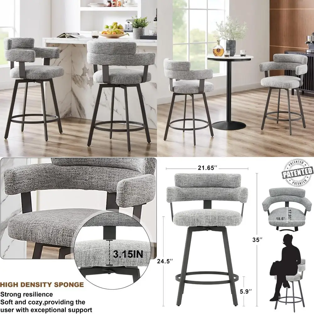 

Swivel Bar Stools Set of 2: Upholstered Linen Backrest, Metal Footrest, Modern Counter Height Chairs
