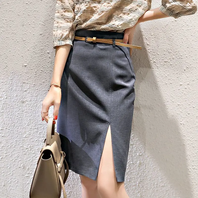 Korean Hip-pack Skirt Women Summer New High-waisted Versatile Commuting Professional Outfit Front Small Slit A-line Skirt