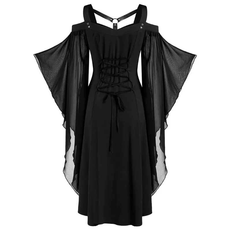 Ecoparty Vrouwen Halloween Sexy Steampunk Jurk Off Shoulder Chiffon Onregelmatige Mouwen Sexy Heksenkostuum Gothic Bandjes Vestido