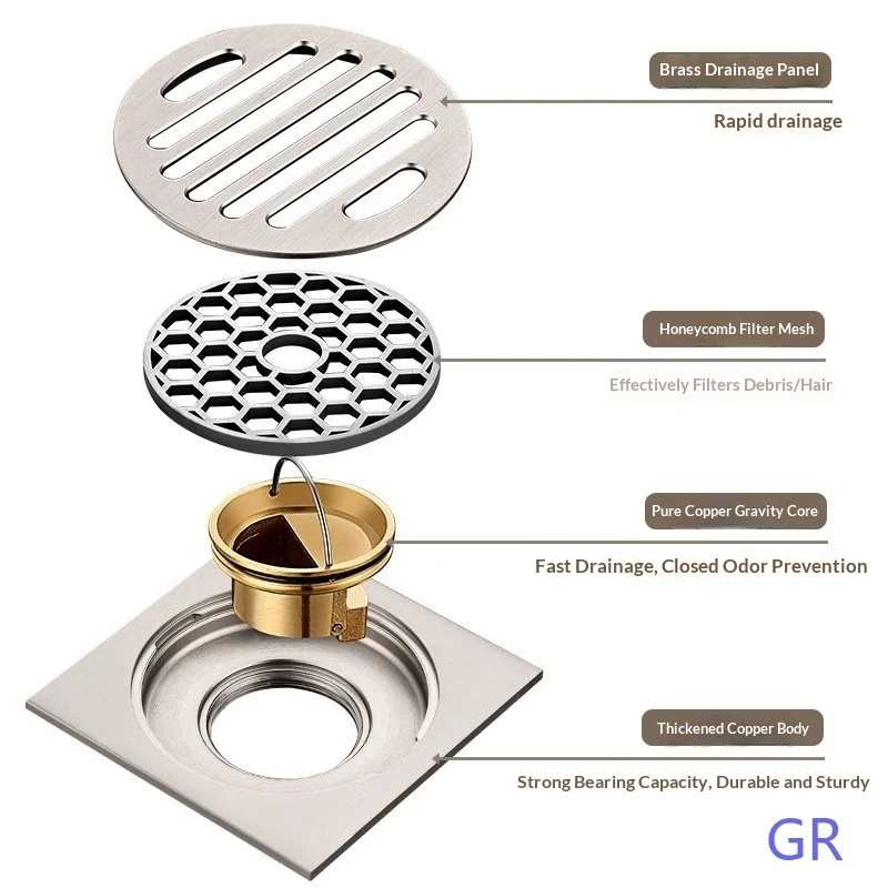 Brass Floor Drain Anti-Odor Gun Gray Bathroom Shower Kitchen Universal