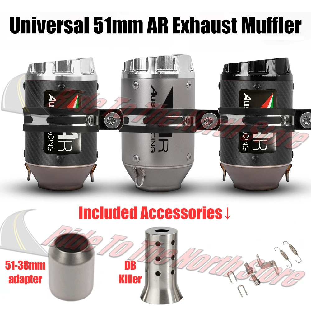 

51mm Slip On AR Carbon Fiber Stainlesss Exhaust Tail Pipe CNC Aluminum Alloy Tip With DB-Killer and Reduce Adapter Loud Noise