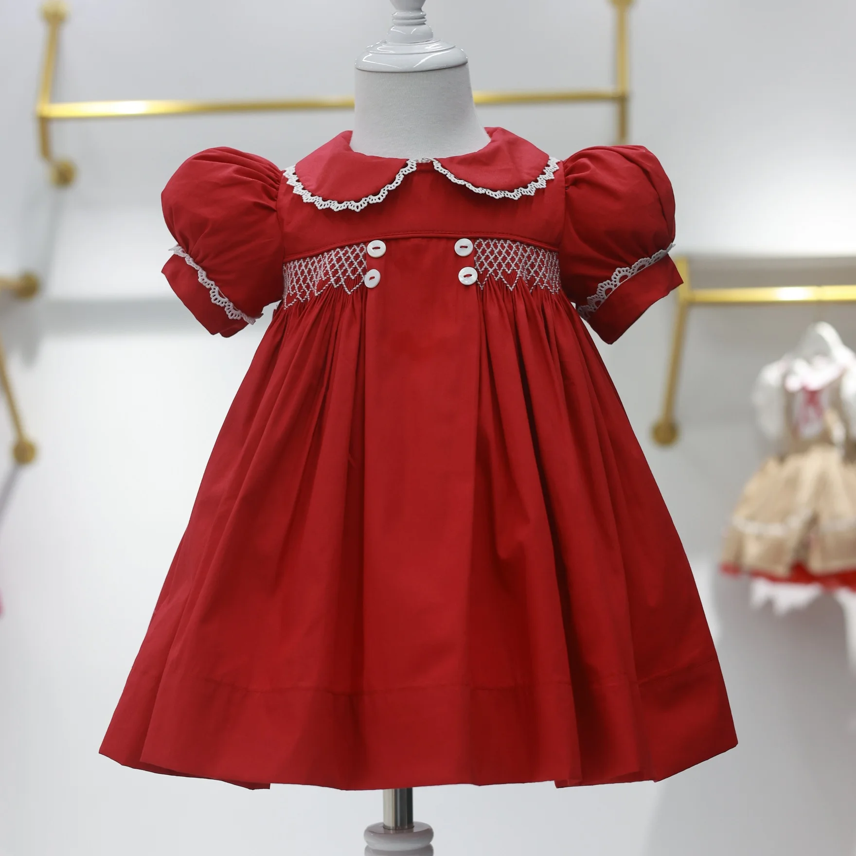 0-12Y Baby Girl Summer Red Handmade Smocked Vintage Turkish Princess Dress for Party Birthday Photography Christmas A167