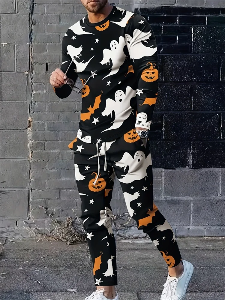 Halloween Ghost And Pumpkin Head Printed Men's Long Sleeve T-shirt And Pants Fall Everyday Casual Men's Clothing Set 2 Piece Set