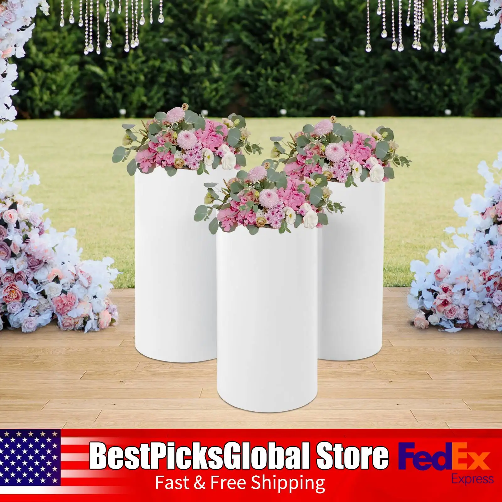 

3 PCS Cylindrical Display Platform 44-66lbs Load Metal Flower Stands for Weddings, Store Openings, White
