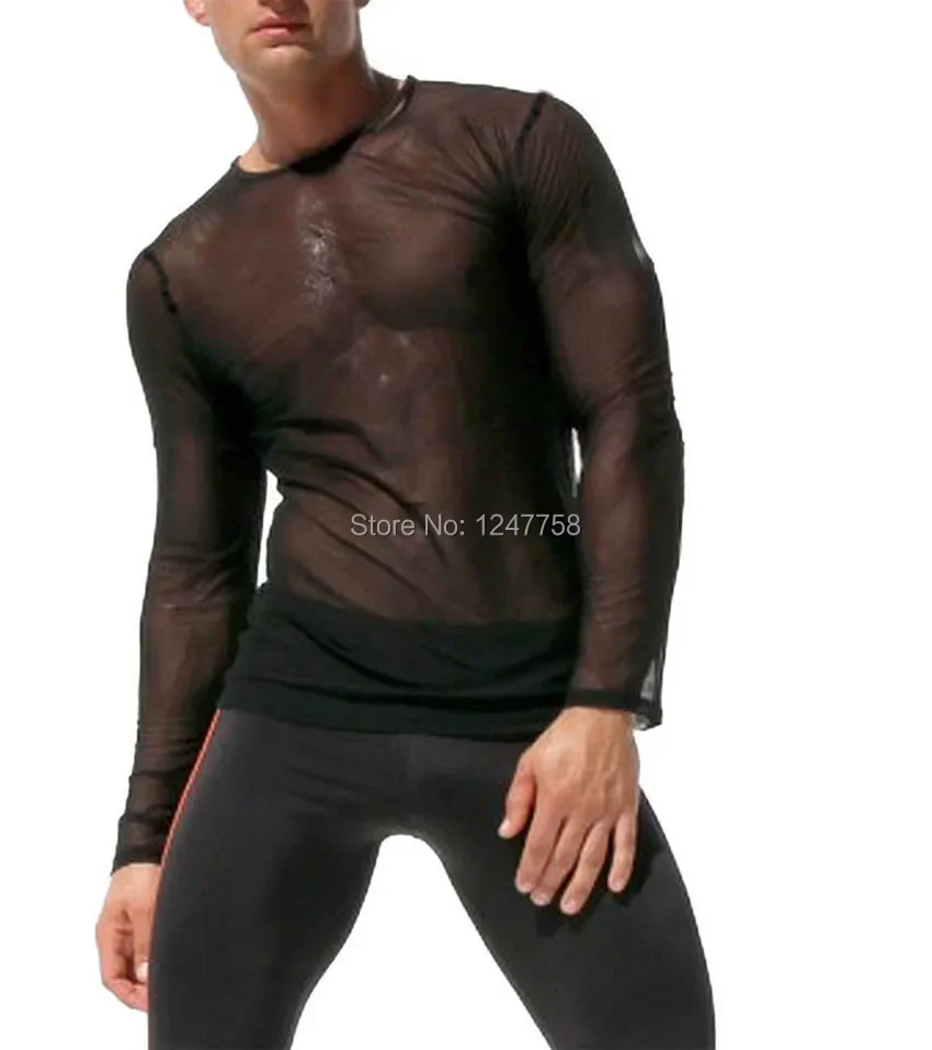 Mens Long Sleeve Shirts Sheer Mesh Men Shirt Gay Wear Tight See Through Robe Sleepwear Coat 2016 New arrival O neck shirts