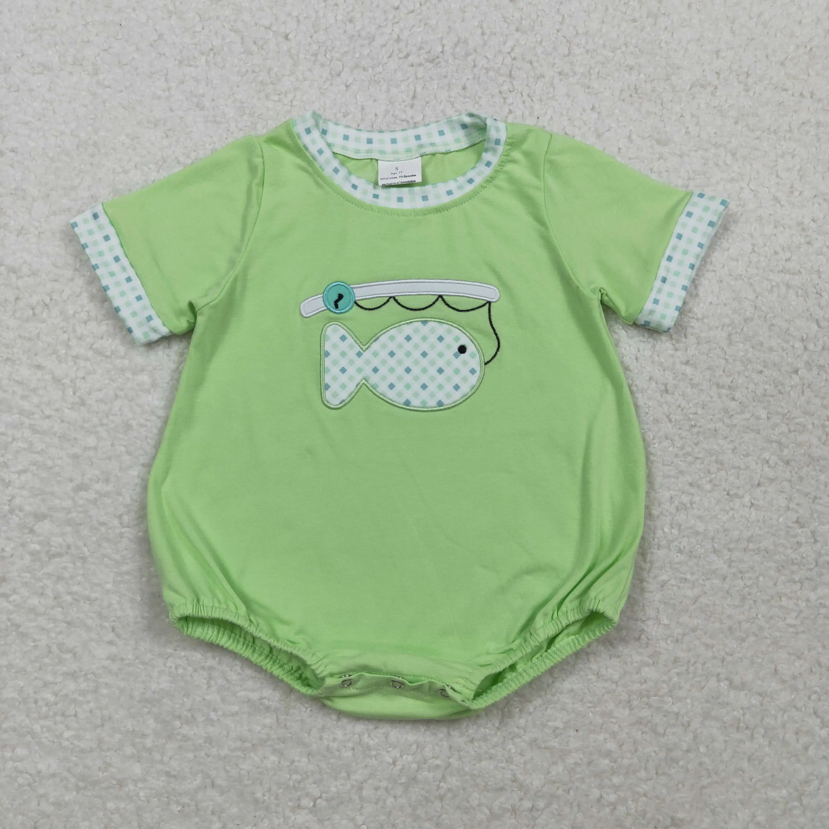 

SR3750 Baby boy romper Western style embroidered fishing plaid green short-sleeved romper