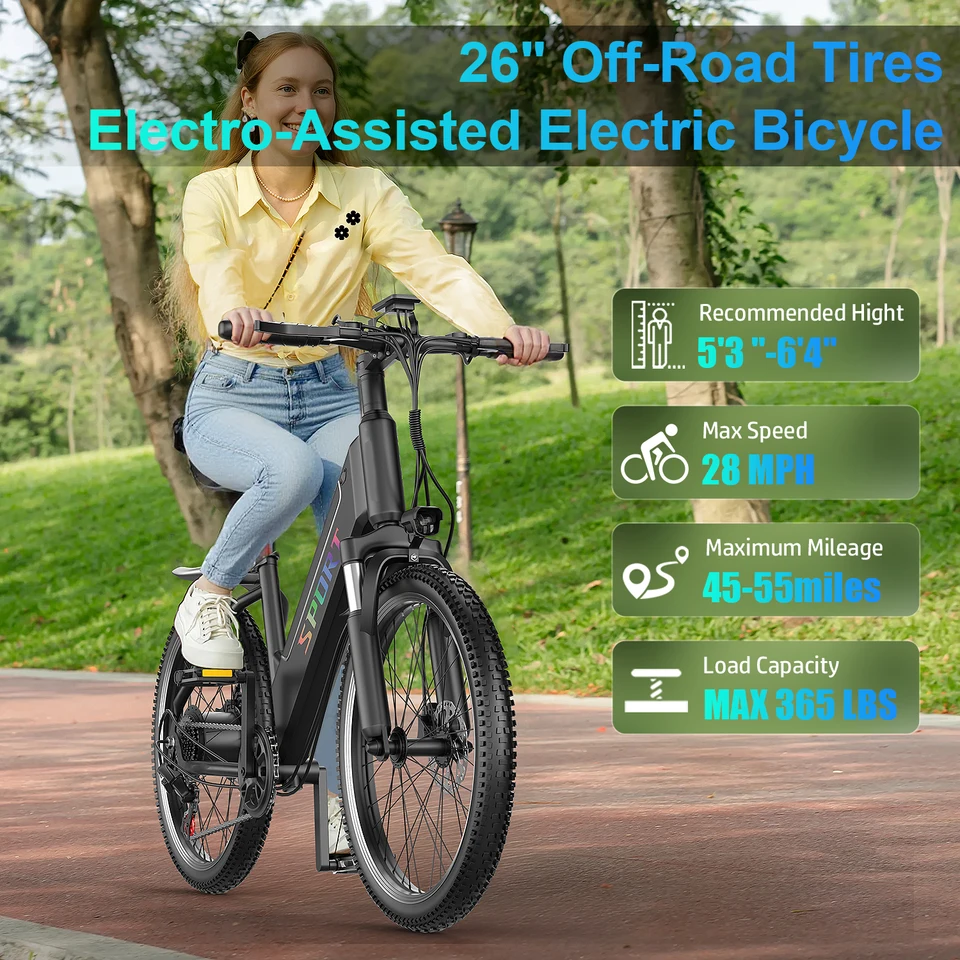 ASKGO Electric Bike for Adults, 750W Peak Ebike, 48V 10.4Ah Removable Battery, Up to 28 MPH & 55 Miles Range, 26 Inch 7-Speed City Cruiser & Mountain E-Bike for Commuting, Step-Thru