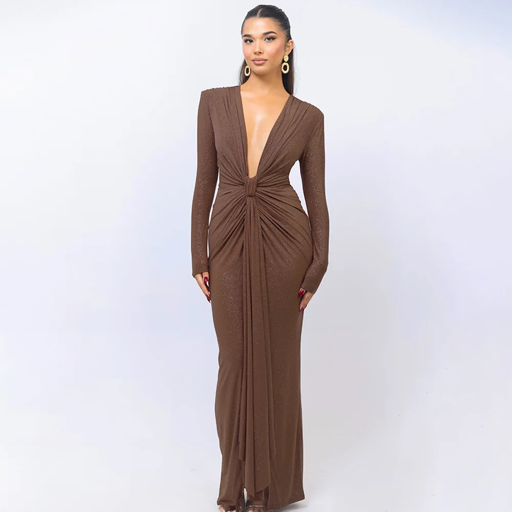 

2025 New Arrival Women's Sexy Deep V Neck Ribbon Tie Slim Fit Side Slit Y2K Spicy Girl Maxi Dress - Trendy Fashion Party Dress
