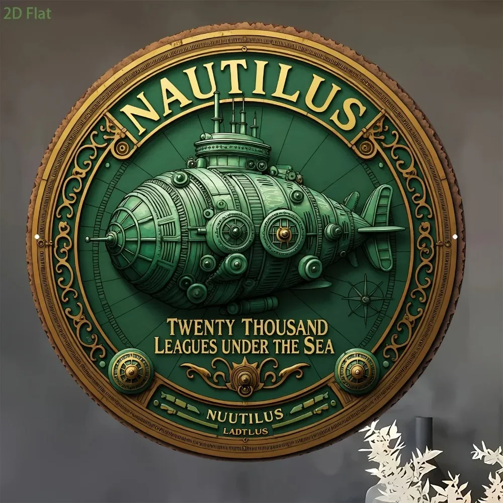 Vintage Steampunk Submarine Metal Sign Round Aluminum Wall Hanging Art Nautical Home Room Ornament Decor