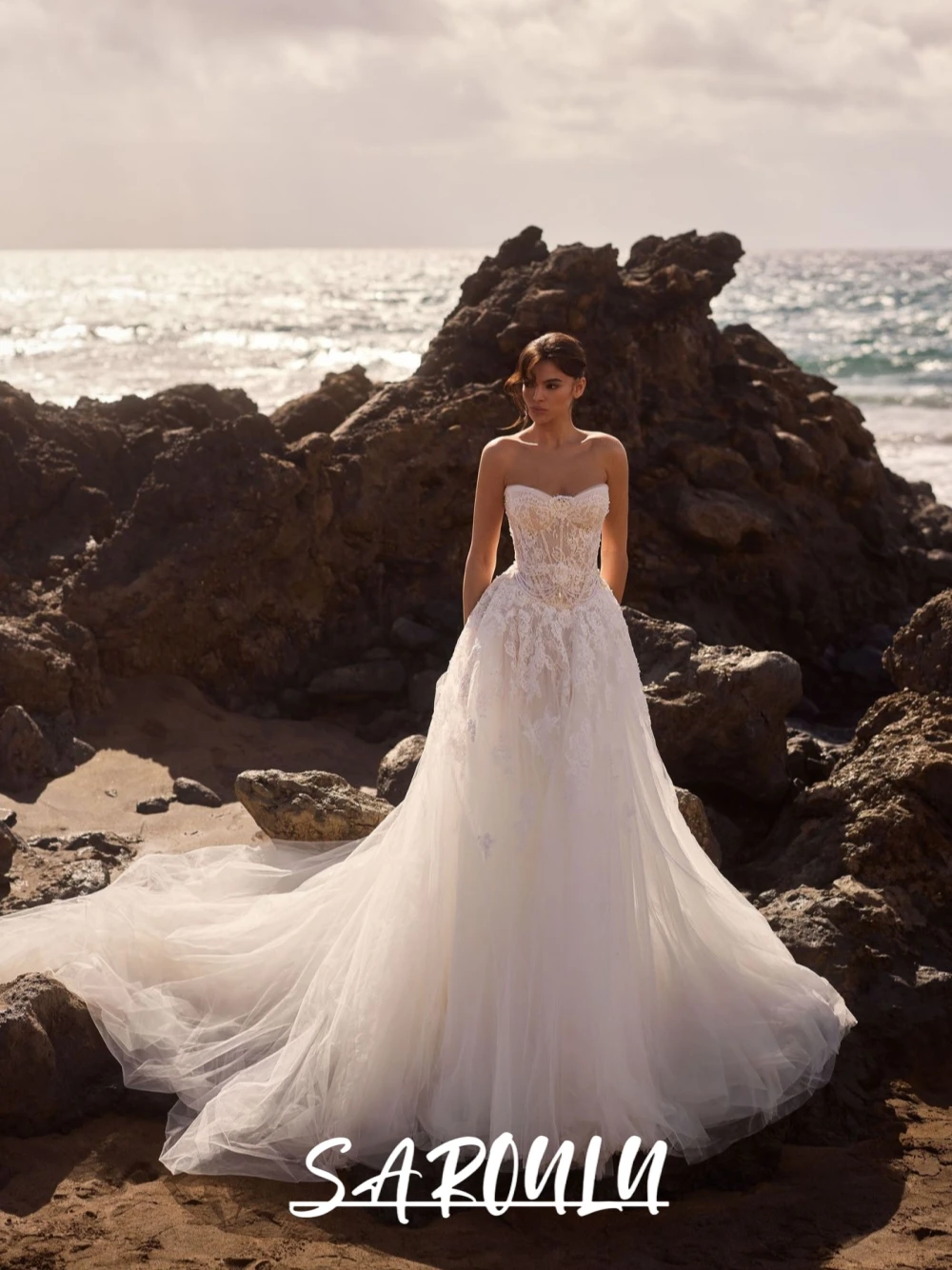 

Beach Sheer A Line Romantic Wedding Dress Ethereal Appliques Pearls Customized Fairy Sweetheart Neckline Long Bridal Gown