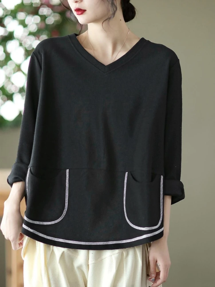 Literary Style Waffle Texture V-Neck Sweatshirt Women Loose Fit Contrast Seam Casual Versatile Long Sleeve Pullover Tee