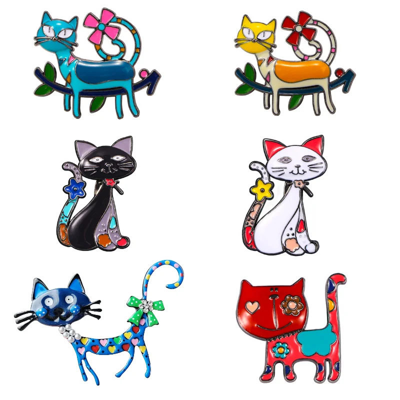 Cute Enamel Brooches for Women Mix Color Rhinestone Cats Flower Pin Ladies Holiday Gifts Coat Garments Dress Accessories Jewelry