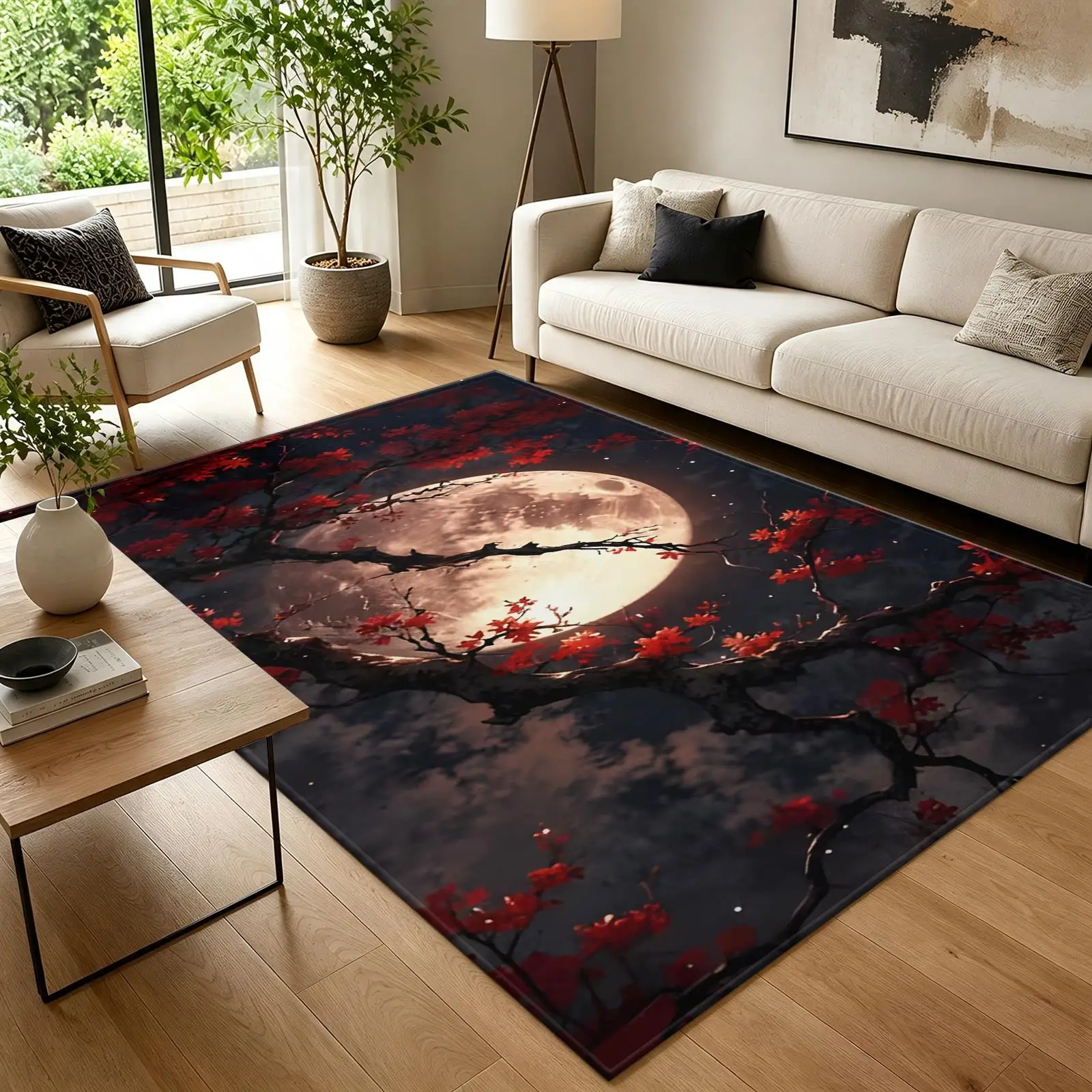 1pc 2D Flat Red Blossom Branch Full Moon Night Sky Printed Floor Mat, Decorative Rug for Living Room, Bedroom, Home