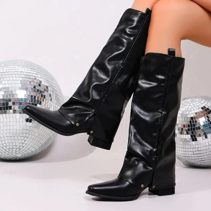 Women's Fashion Folding Knee-high Boots Winter Solid Color Non-slip Thick-soled Wide-leg PU Leather Fashion Boots Botas Mujer