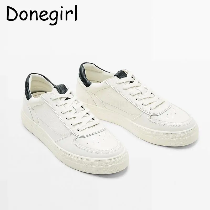 Donegirl 2023New Fashion Men Genuine Leather Round Head Color Block Shoes Flats Lacing Simple Casual Versatile Sneaker Male Chic