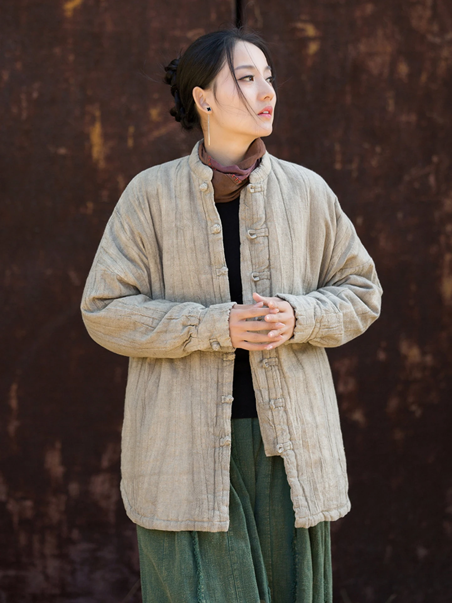 New Chinese Style Women's Cotton Jacket Retro National Trend Young Dyed Cotton Linen Top Zen Knot Winter Outerwear