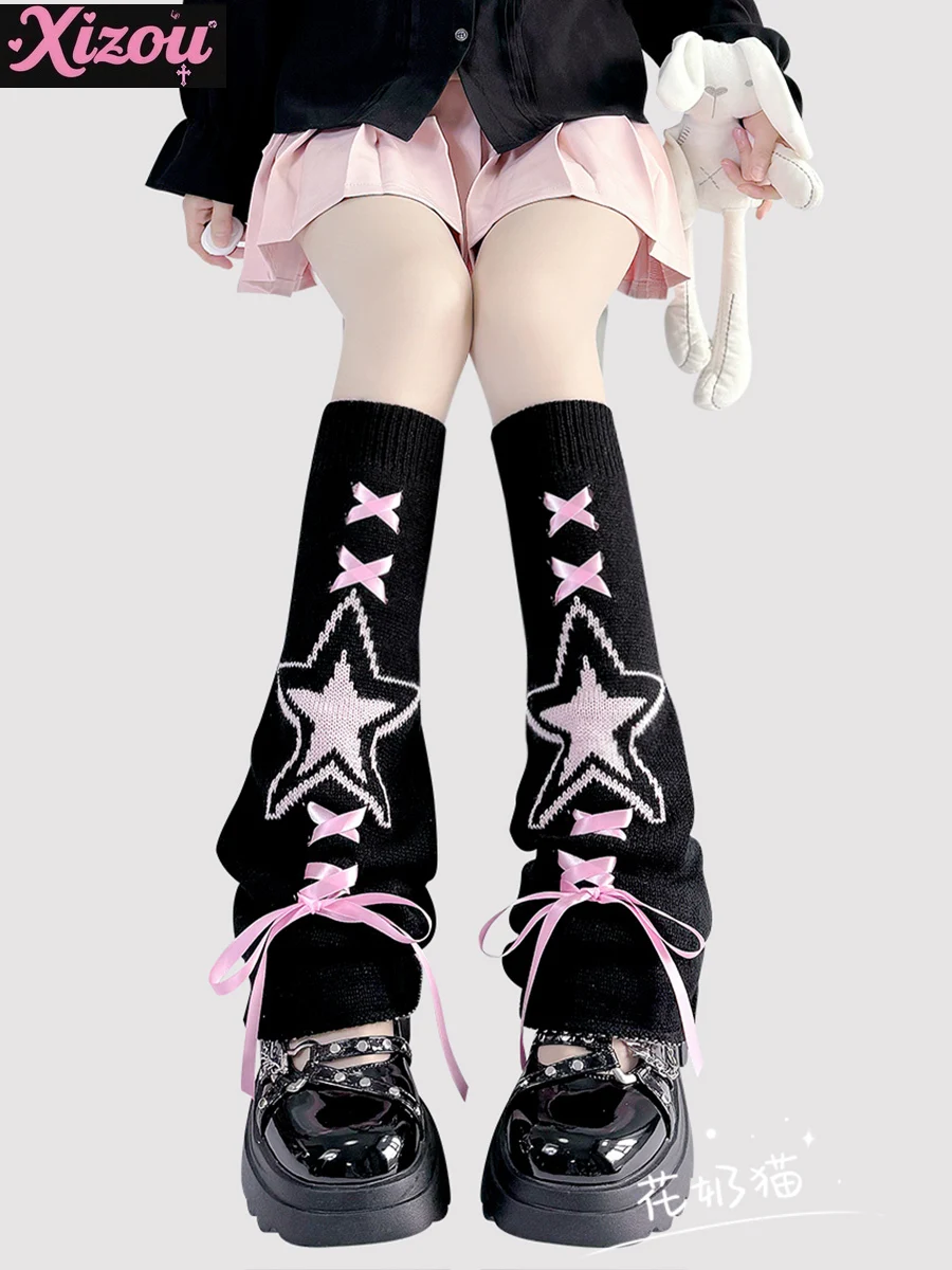 Personality Girl Y2K Subculture Leg Cover Female Hottie Japanese Black Pink Star Cross Strap Bow Lolita Stacked Sock Cover Women