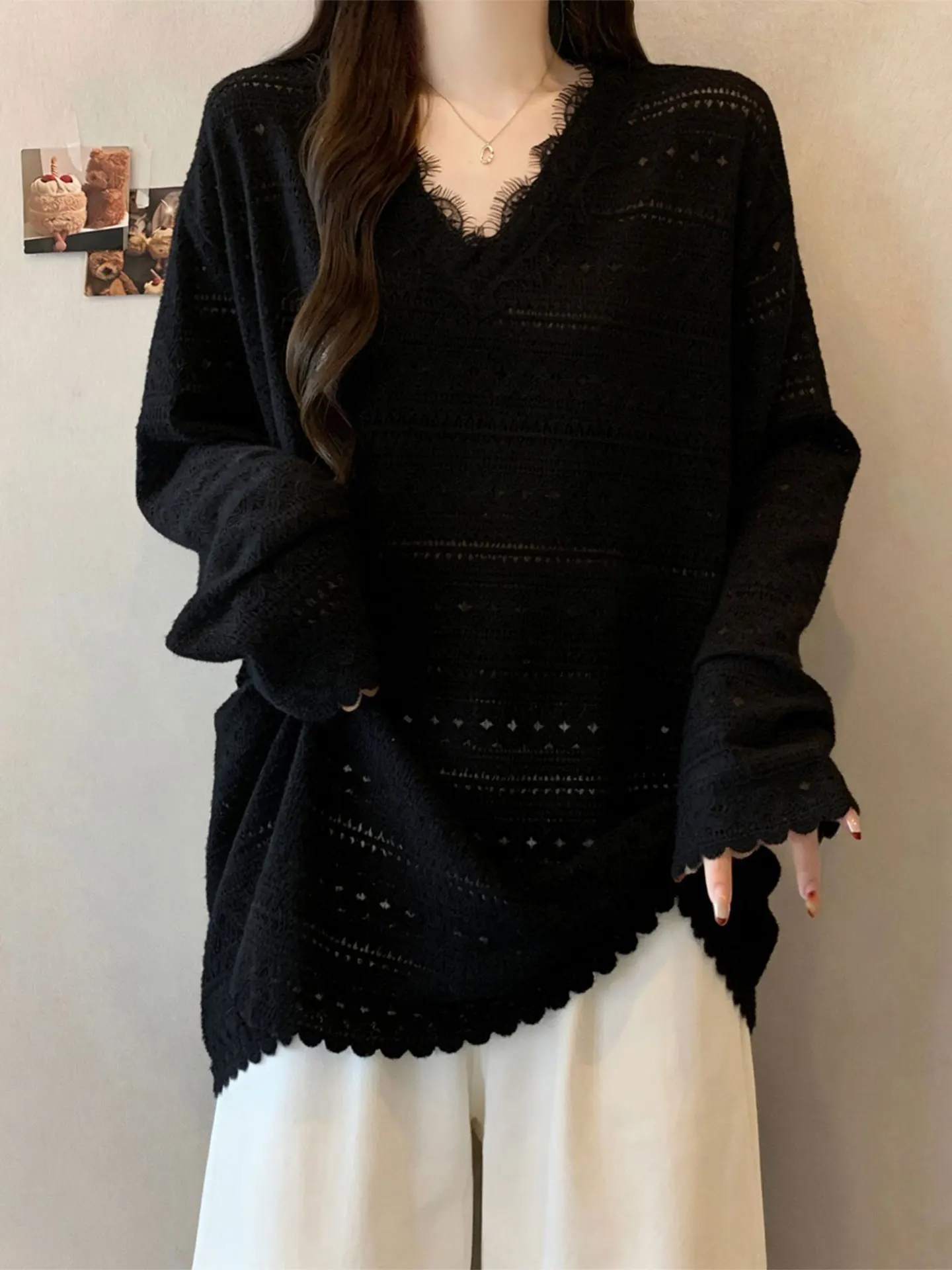 

Lace Hollow out Long Sve Base irt Women's plus Size Loose V-ne Spring 2026 Casual Sle Cover Belly Top