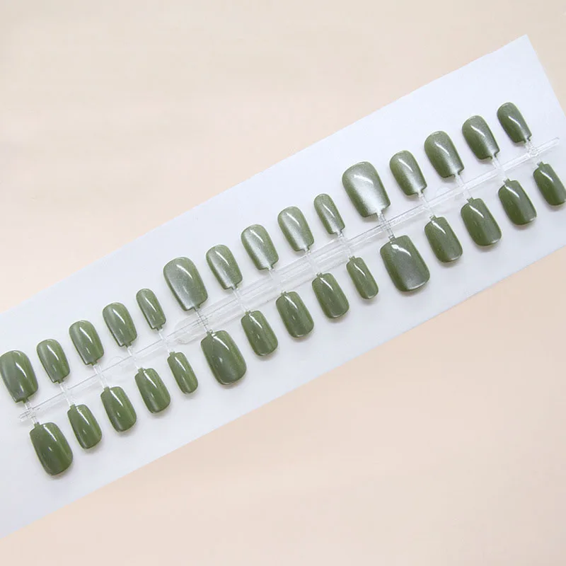 

30pcs Medium Coffin Press-On Nails - Fresh Green Cat Eye Design Universal Chic & Versatile (Multi-Size Fit)