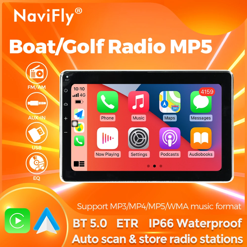

Мультимедийный плеер Navifly 7" с сенсорным экраном для лодок, MP5, CarPlay, Android Auto, IP66, водонепроницаемый, DSP, FM, для лодок, квадроциклов, UTV, гольф-каров