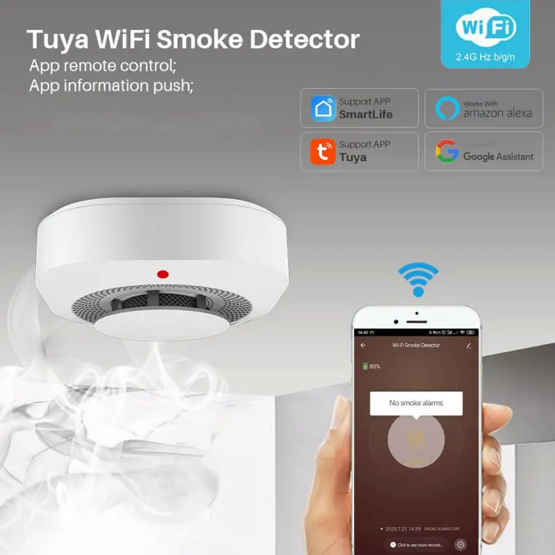 Tuya-Sensor Detector de humo con Wifi, buscador de incendios con alarma de seguridad para el hogar inteligente, Monitor remoto con aplicación Smart Life, 90dB