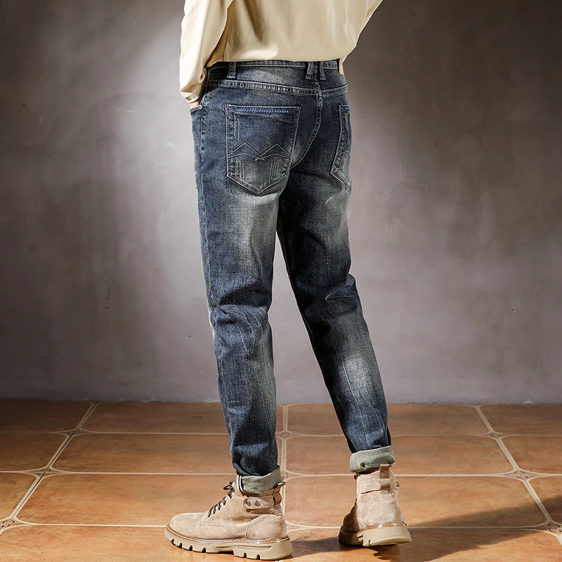 Blue scraped jeans  trendy slim fit small leg pants elastic denim pants men's streetwear men  skinny jeans men  fall guys